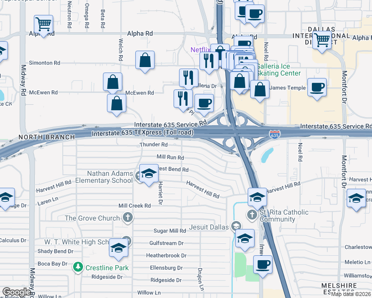 map of restaurants, bars, coffee shops, grocery stores, and more near 4907 Thunder Road in Dallas