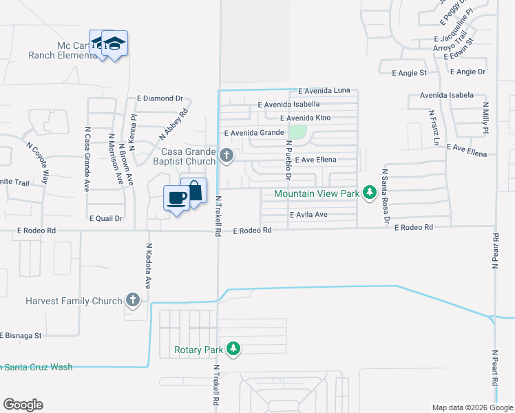 map of restaurants, bars, coffee shops, grocery stores, and more near 1143 East Cordova Avenue in Casa Grande