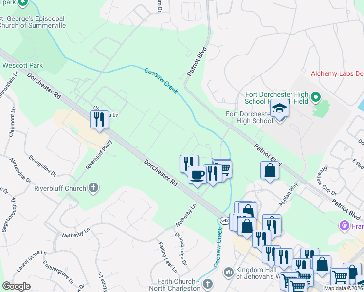 map of restaurants, bars, coffee shops, grocery stores, and more near 8673 Grassy Oak Trail in North Charleston