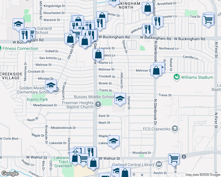 map of restaurants, bars, coffee shops, grocery stores, and more near 1210 Bowie Street in Garland