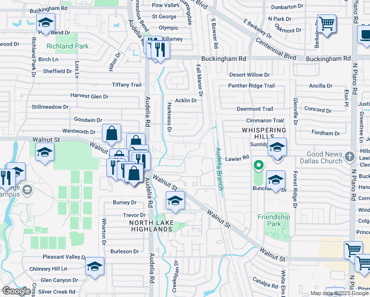 map of restaurants, bars, coffee shops, grocery stores, and more near 12920 Fall Manor Drive in Dallas
