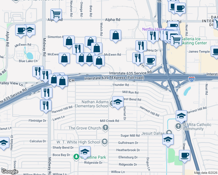 map of restaurants, bars, coffee shops, grocery stores, and more near 4565 Thunder Road in Dallas