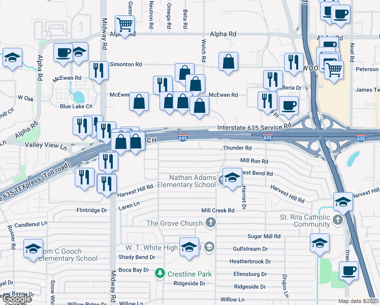 map of restaurants, bars, coffee shops, grocery stores, and more near 4515 Thunder Road in Dallas