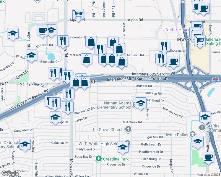 map of restaurants, bars, coffee shops, grocery stores, and more near 4445 Thunder Road in Dallas