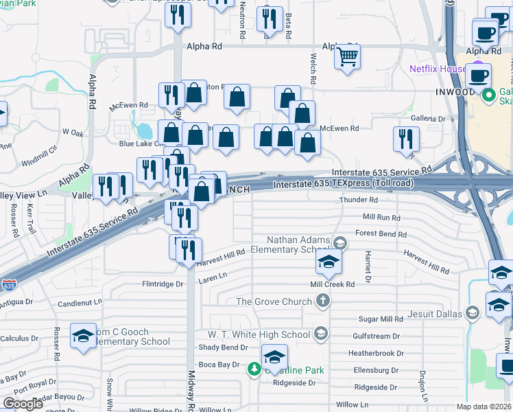 map of restaurants, bars, coffee shops, grocery stores, and more near 4407 Thunder Road in Dallas