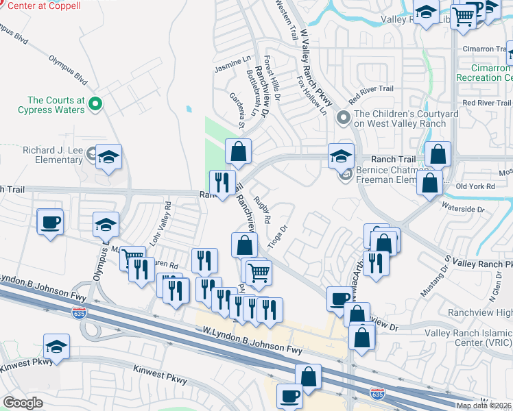 map of restaurants, bars, coffee shops, grocery stores, and more near 8701 Rugby Road in Irving