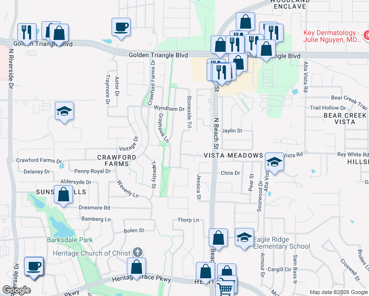 map of restaurants, bars, coffee shops, grocery stores, and more near 4316 Stonecrest Court in Fort Worth