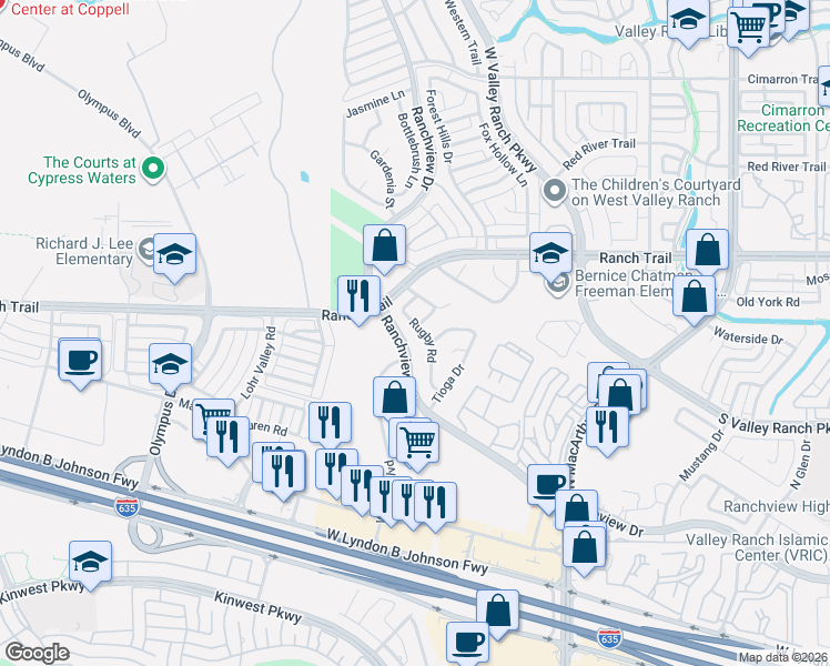 map of restaurants, bars, coffee shops, grocery stores, and more near 8701 Rugby Road in Irving