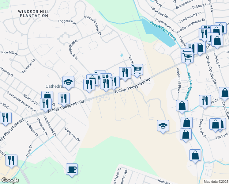 map of restaurants, bars, coffee shops, grocery stores, and more near 3740 Ashley Phosphate Road in North Charleston
