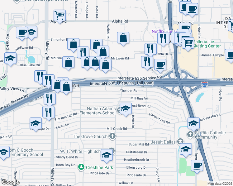 map of restaurants, bars, coffee shops, grocery stores, and more near 4565 Thunder Road in Dallas