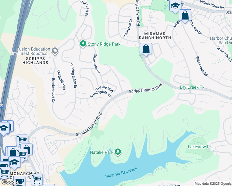 map of restaurants, bars, coffee shops, grocery stores, and more near 11357 Woodcraft Way in San Diego