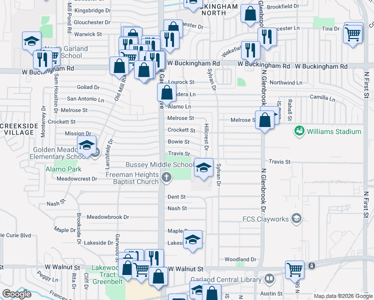 map of restaurants, bars, coffee shops, grocery stores, and more near 1210 Bowie Street in Garland