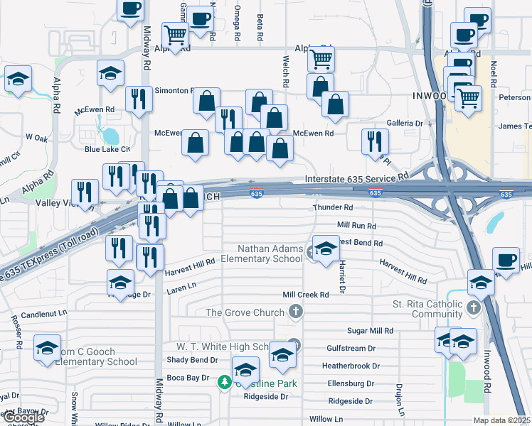 map of restaurants, bars, coffee shops, grocery stores, and more near 4515 Thunder Road in Dallas