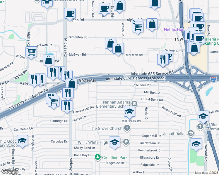 map of restaurants, bars, coffee shops, grocery stores, and more near 4445 Thunder Road in Dallas