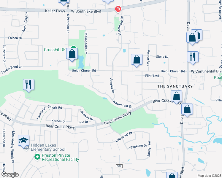 map of restaurants, bars, coffee shops, grocery stores, and more near 524 Arcadia Drive in Keller