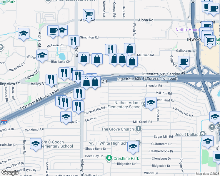map of restaurants, bars, coffee shops, grocery stores, and more near 4407 Thunder Road in Dallas