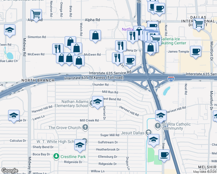 map of restaurants, bars, coffee shops, grocery stores, and more near 4818 Thunder Road in Dallas