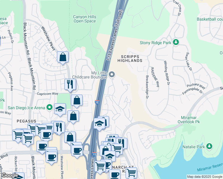 map of restaurants, bars, coffee shops, grocery stores, and more near 10060 Scripps Vista Way in San Diego