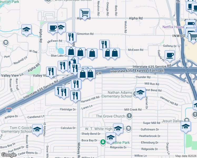 map of restaurants, bars, coffee shops, grocery stores, and more near 4305 Thunder Road in Dallas