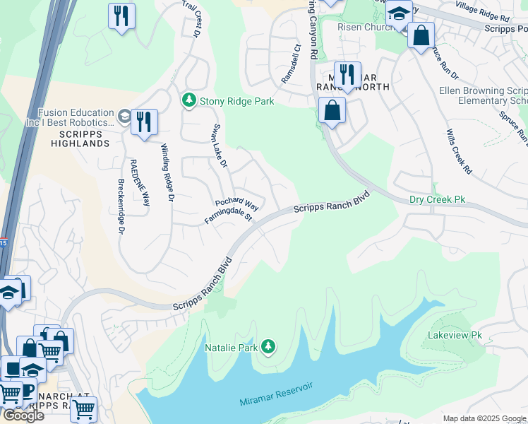 map of restaurants, bars, coffee shops, grocery stores, and more near 11357 Woodcraft Way in San Diego