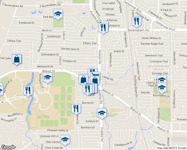 map of restaurants, bars, coffee shops, grocery stores, and more near 13015 Audelia Road in Dallas