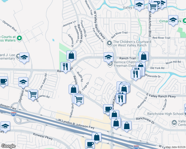 map of restaurants, bars, coffee shops, grocery stores, and more near 1201 Nocona Drive in Irving
