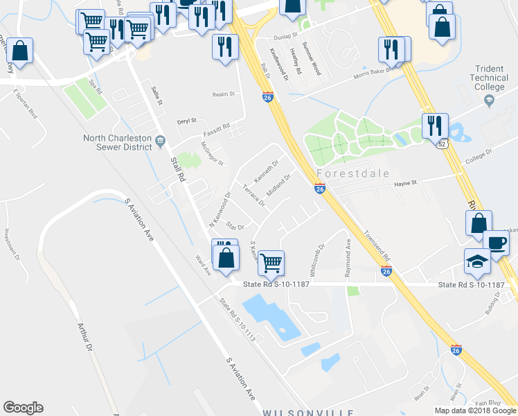 map of restaurants, bars, coffee shops, grocery stores, and more near 7007 Terrace Drive in Charleston