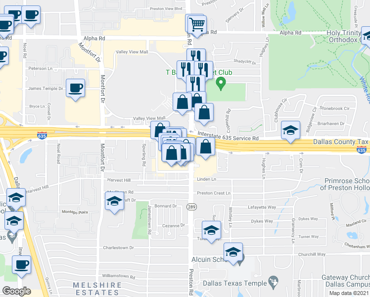 map of restaurants, bars, coffee shops, grocery stores, and more near 12969 Preston Road in Dallas