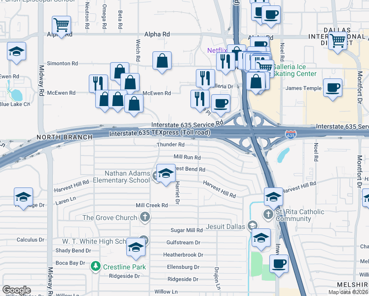 map of restaurants, bars, coffee shops, grocery stores, and more near 4818 Thunder Road in Dallas