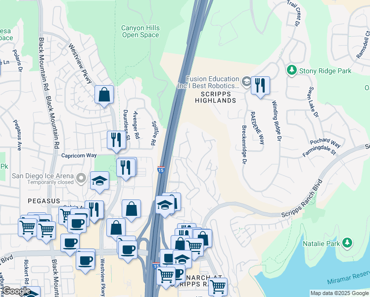 map of restaurants, bars, coffee shops, grocery stores, and more near 10050 Scripps Vista Way in San Diego