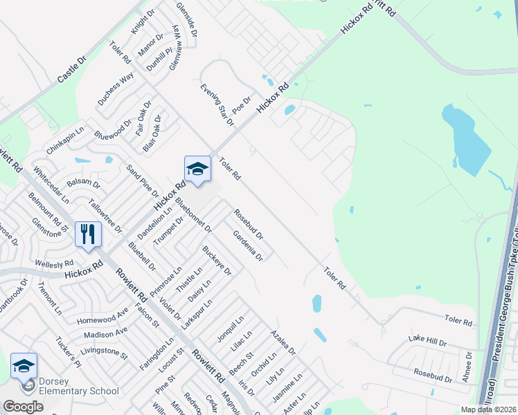 map of restaurants, bars, coffee shops, grocery stores, and more near 3310 Toler Road in Rowlett