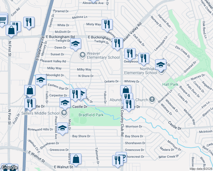 map of restaurants, bars, coffee shops, grocery stores, and more near 1114 Ontario Drive in Garland
