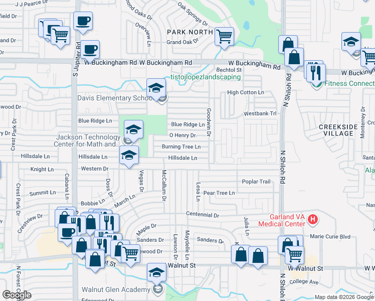 map of restaurants, bars, coffee shops, grocery stores, and more near 3002 Burning Tree Lane in Garland