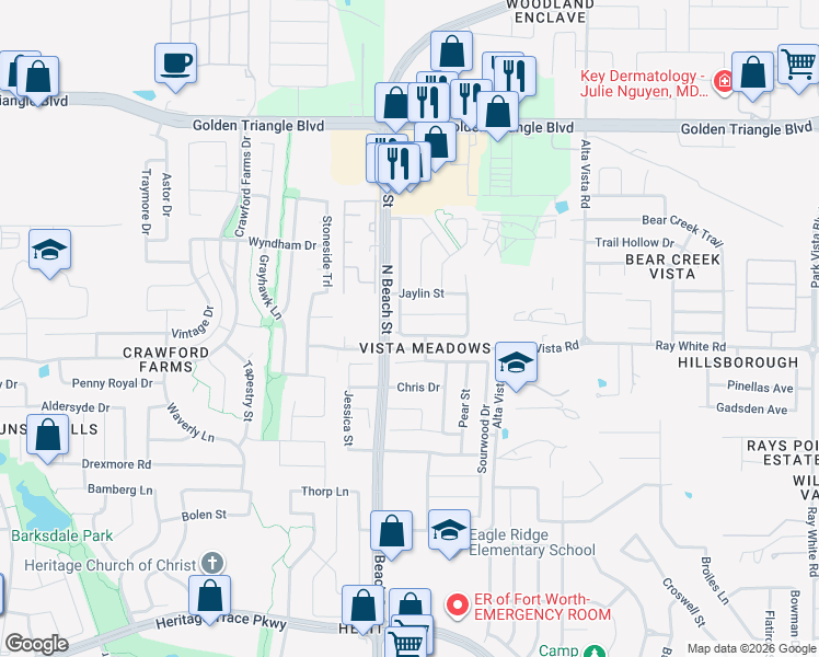 map of restaurants, bars, coffee shops, grocery stores, and more near 4509 Butterfly Way in Fort Worth