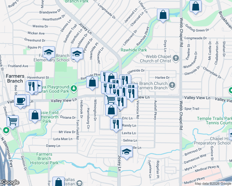 map of restaurants, bars, coffee shops, grocery stores, and more near 2899 Valley View Lane in Farmers Branch