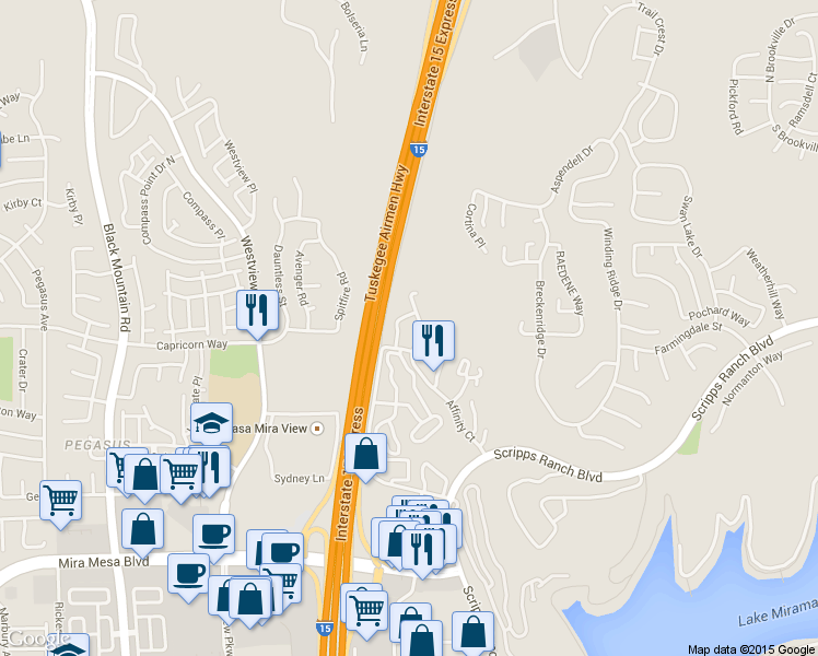 map of restaurants, bars, coffee shops, grocery stores, and more near 10050 Scripps Vista Way in San Diego