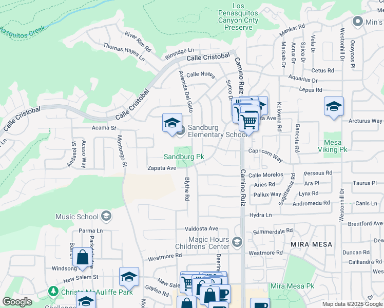 map of restaurants, bars, coffee shops, grocery stores, and more near 11205 Avenida Del Gato in San Diego