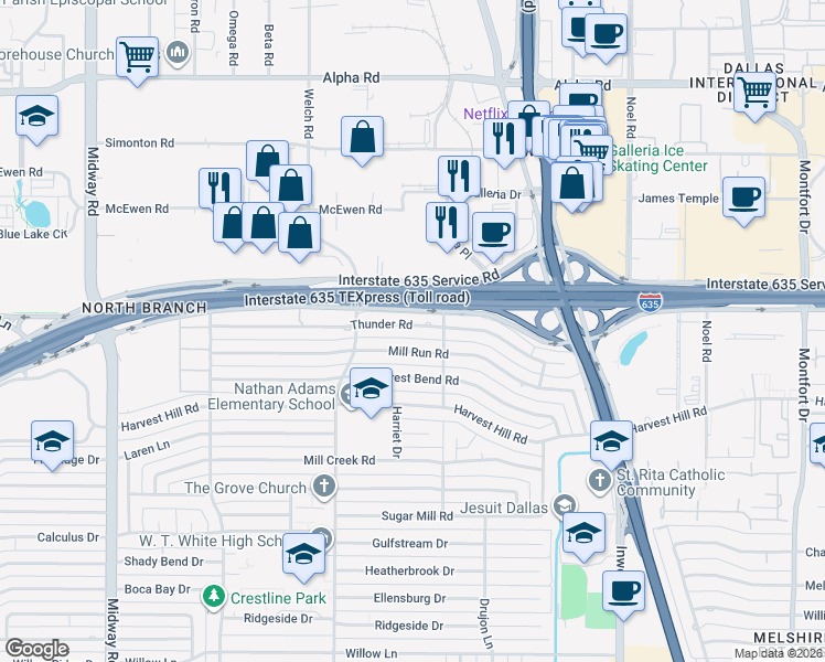 map of restaurants, bars, coffee shops, grocery stores, and more near 4818 Thunder Road in Dallas