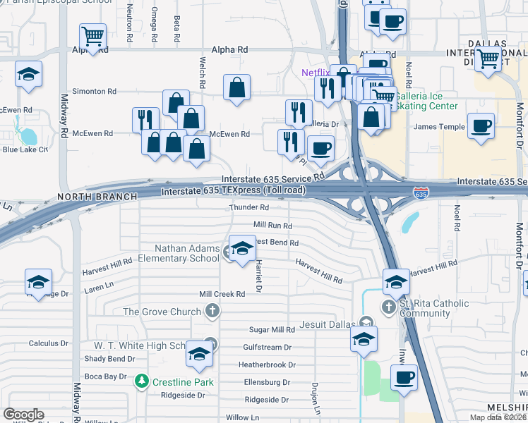 map of restaurants, bars, coffee shops, grocery stores, and more near 4818 Thunder Road in Dallas