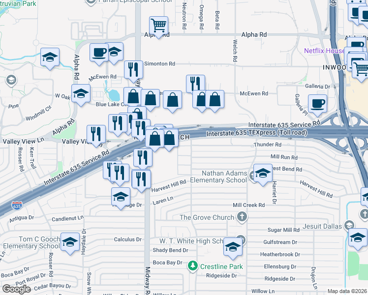 map of restaurants, bars, coffee shops, grocery stores, and more near 4305 Thunder Road in Dallas