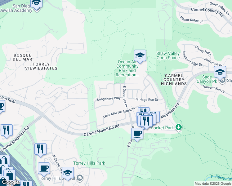 map of restaurants, bars, coffee shops, grocery stores, and more near 4517 Shorepointe Way in San Diego