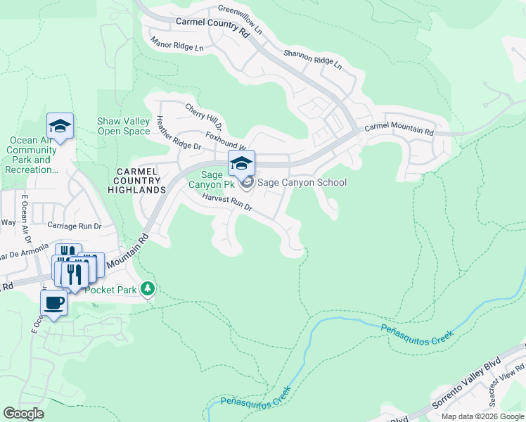 map of restaurants, bars, coffee shops, grocery stores, and more near 5366 Harvest Run Drive in San Diego