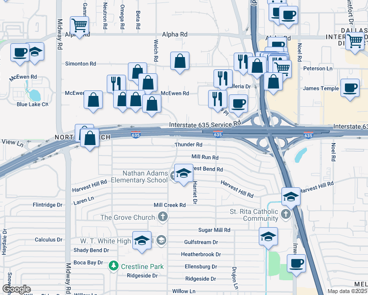 map of restaurants, bars, coffee shops, grocery stores, and more near 4718 Thunder Road in Dallas