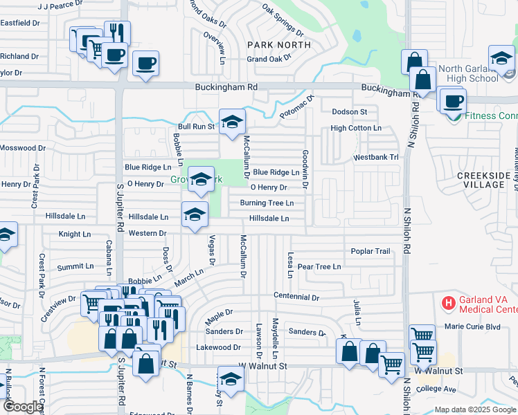 map of restaurants, bars, coffee shops, grocery stores, and more near 3034 Burning Tree Lane in Garland