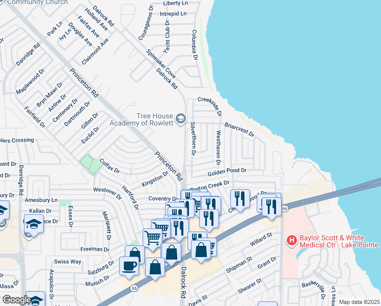 map of restaurants, bars, coffee shops, grocery stores, and more near 7405 Silverthorn Drive in Rowlett