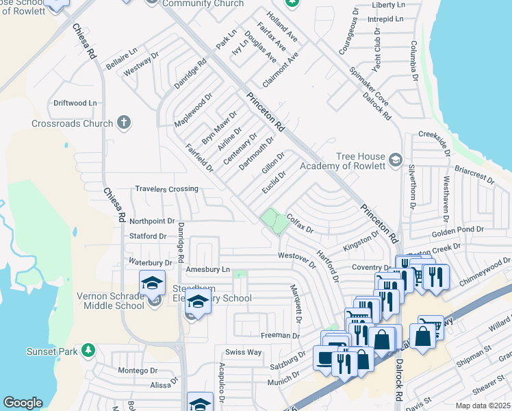 map of restaurants, bars, coffee shops, grocery stores, and more near 7206 Euclid Drive in Rowlett