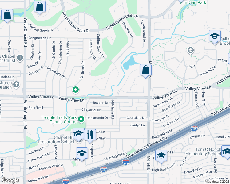 map of restaurants, bars, coffee shops, grocery stores, and more near 13203 Glad Acres Drive in Farmers Branch