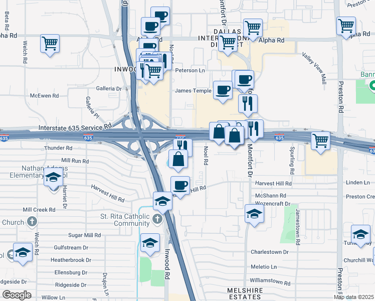 map of restaurants, bars, coffee shops, grocery stores, and more near 5430 Lyndon B Johnson Freeway in Dallas