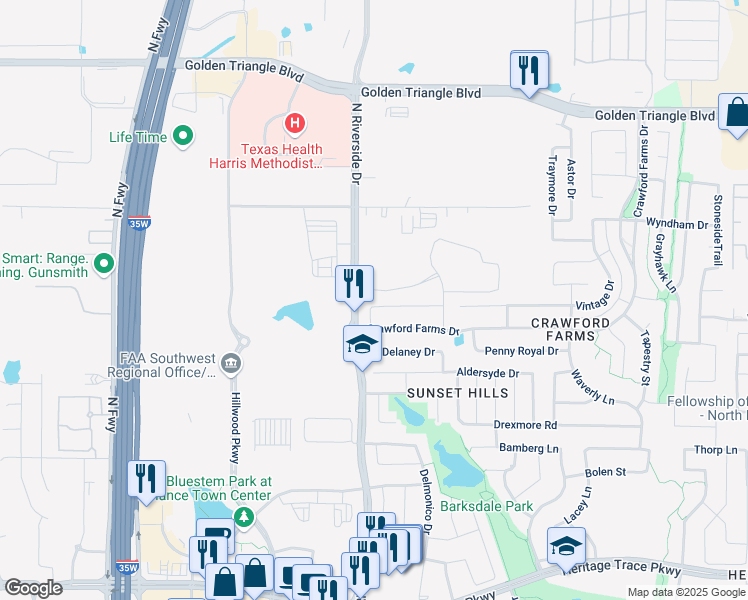 map of restaurants, bars, coffee shops, grocery stores, and more near 10225 Paintbrush Drive in Fort Worth