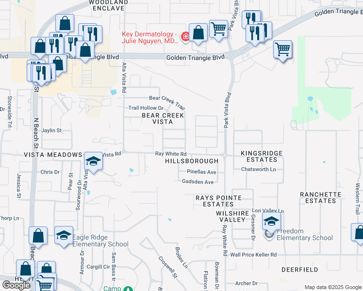 map of restaurants, bars, coffee shops, grocery stores, and more near 4949 Trail Creek Drive in Fort Worth